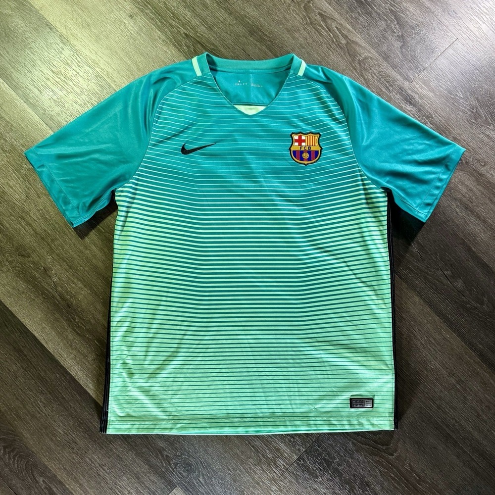 Nike FC Barcelona FCB Blue Striped Soccer Jersey Shirt L